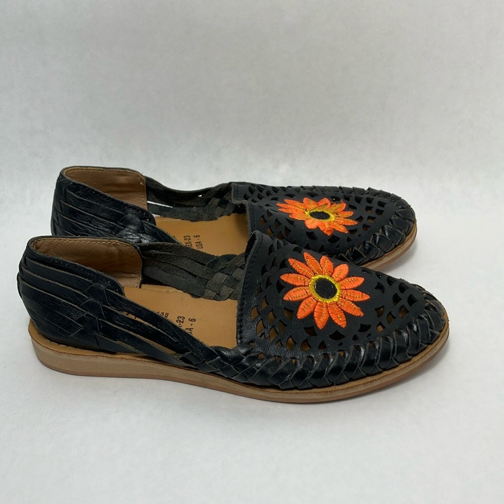 Authentic‎ Artisan Mexican Huarache handmade sunflower flower black Flats Size 6